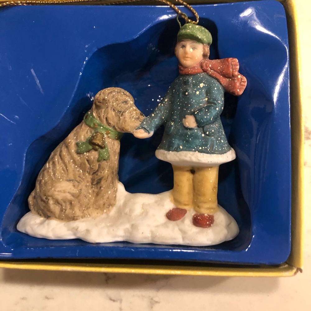 Child with Dog Ceramic  SsCo Holiday Ornament - Blue Coat